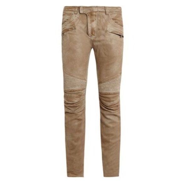 Balmain Paris Lamb Leather Moto Pants in Taupe - Picture 1 of 11
